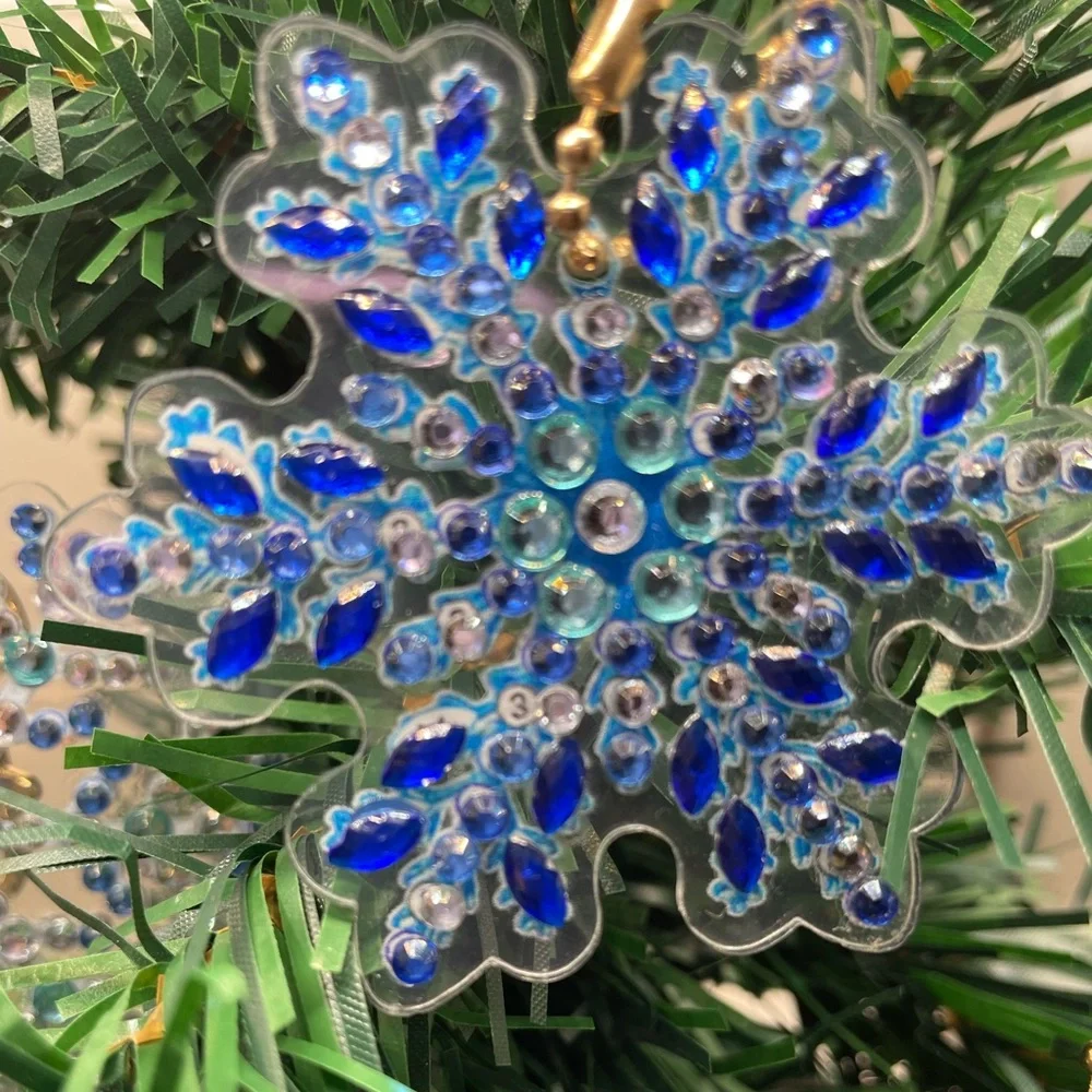4 Christmas rhinestone snowflake ornaments. Handmade. Decorated on both sides.